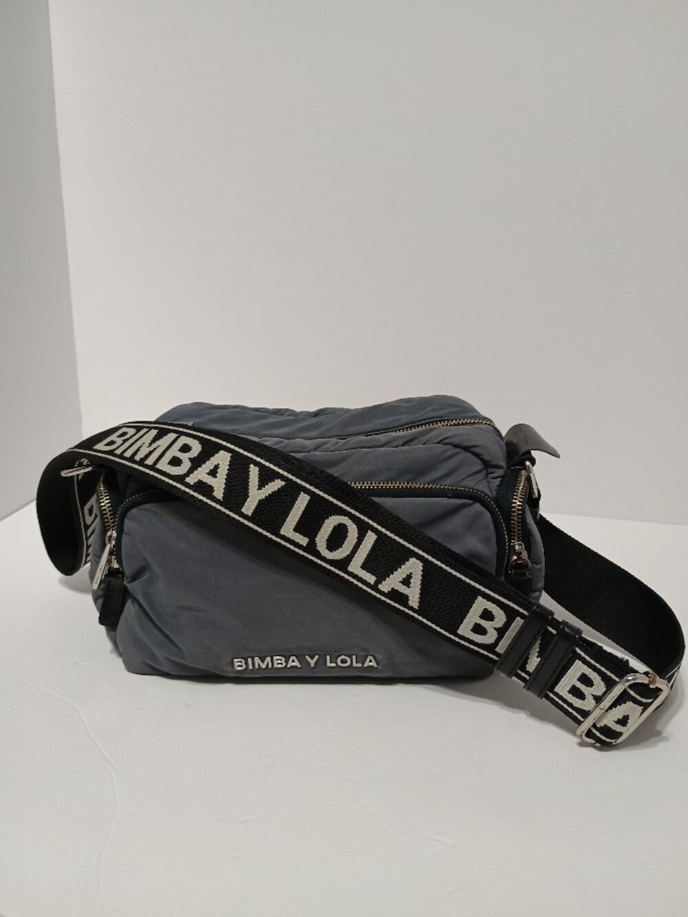 Bimba Y Lola Gray Nylon Puffer Crossbody Bag Logo Strap Double Zip Designer Bag
